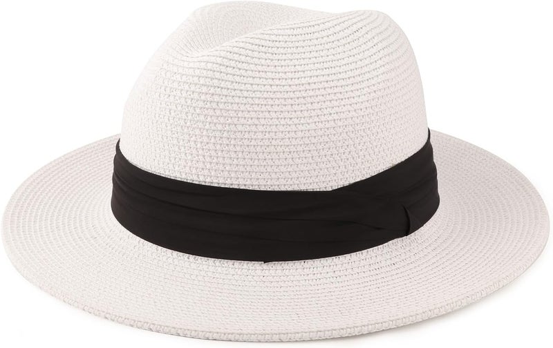 DRESHOW Women Straw Panama Hat Travel Fedora Beach Sun Hat Summer Wide Brim Straw Roll up Hat UPF 50+ - Image 1